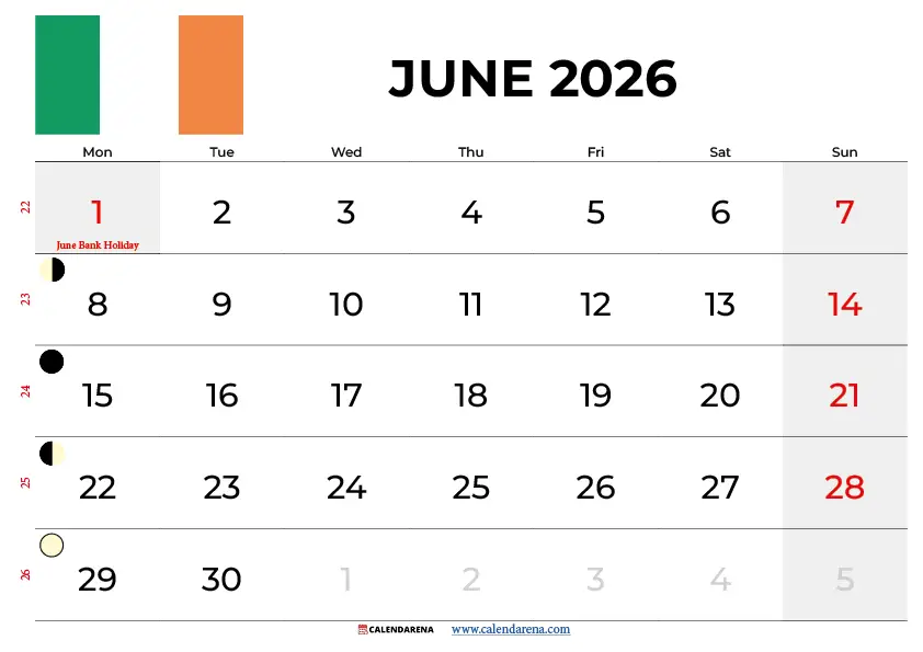 June Calendar 2026 Ireland