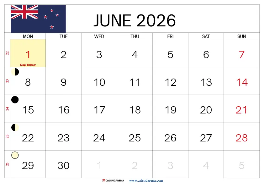 June Calendar 2026 Nz