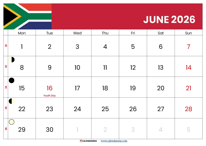 June Calendar 2026 South Africa