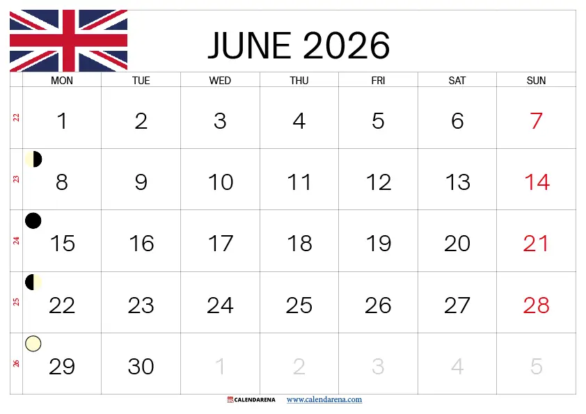 June Calendar 2026 Uk