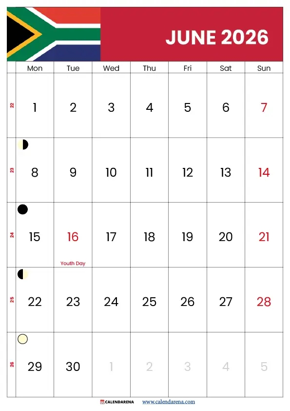 June Calendar 2026 With Holidays South Africa