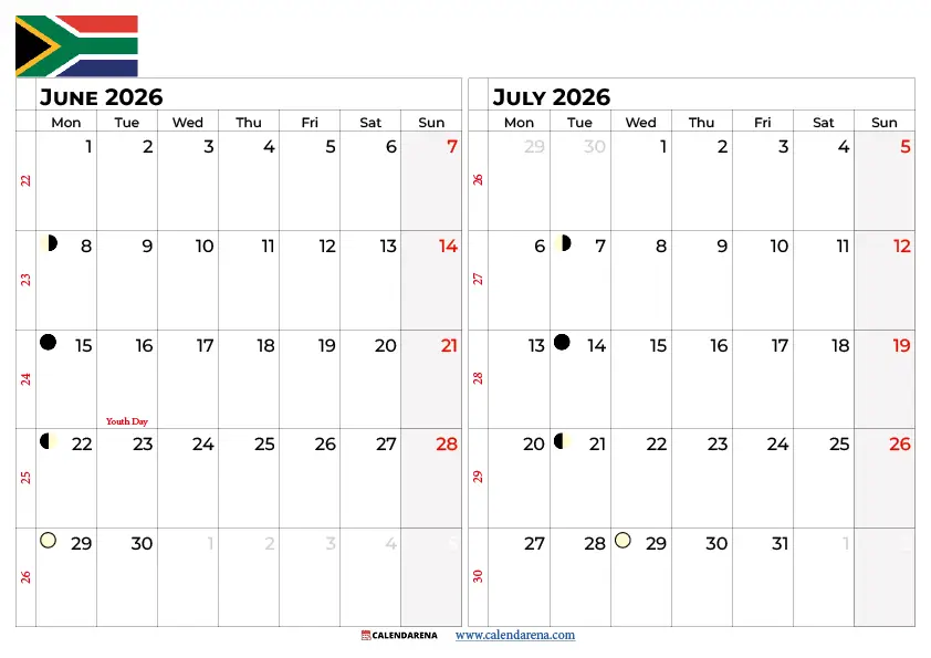 June July 2026 Calendar South Africa