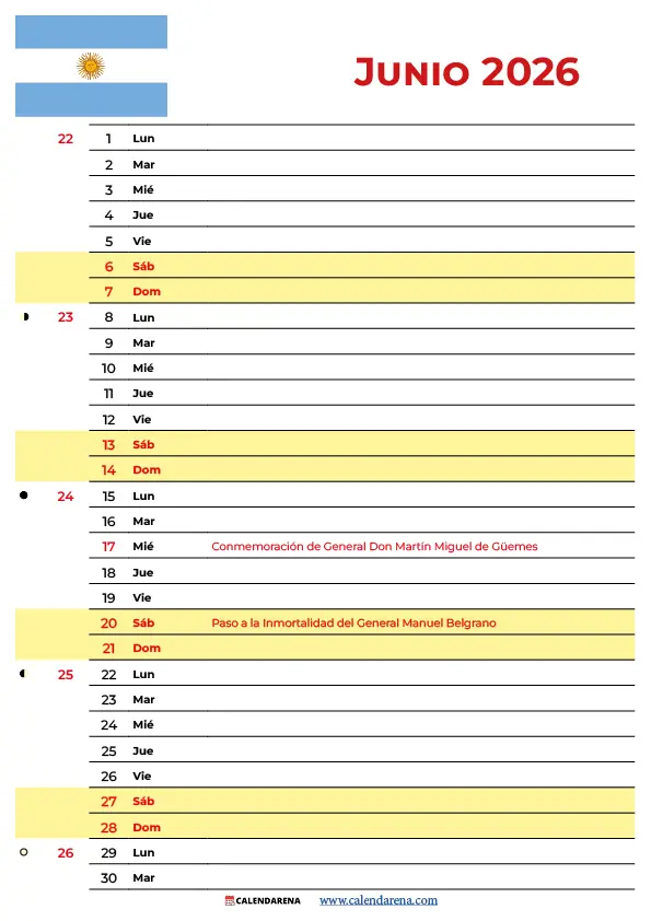 Junio 2026 Calendario Argentina