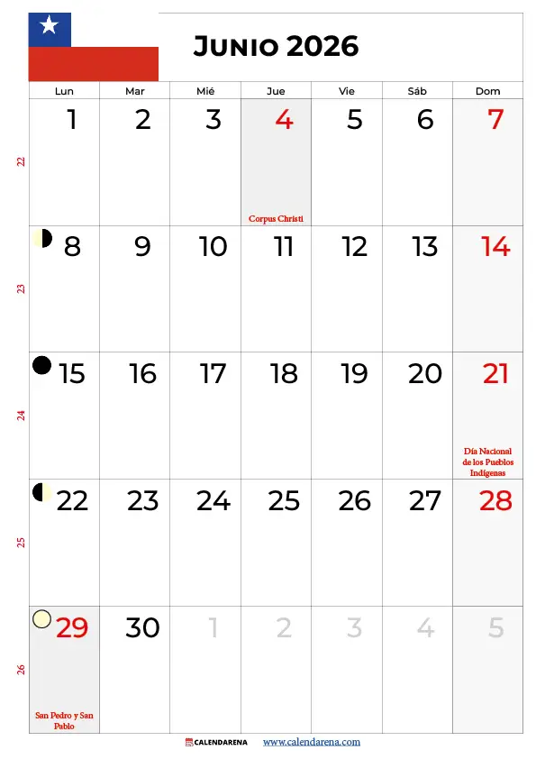 Junio 2026 Calendario Chile