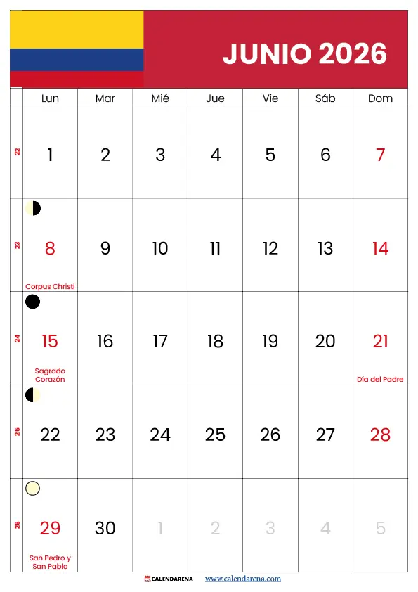 Junio Calendario 2026 Colombia