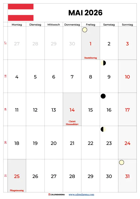 Kalender 2026 Mai Österreich