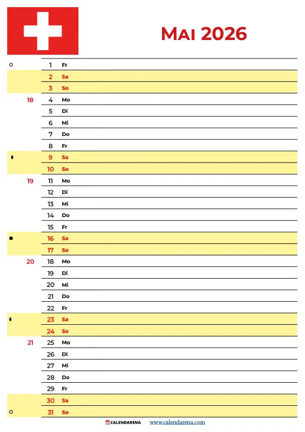 Kalender 2026 Mai Schweiz