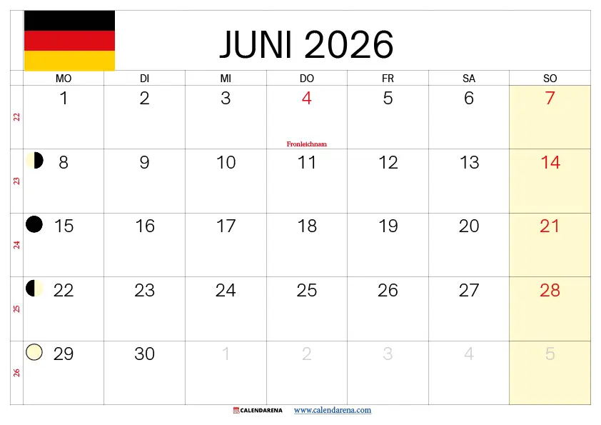 Kalender Juni 2026 Mit Feiertagen