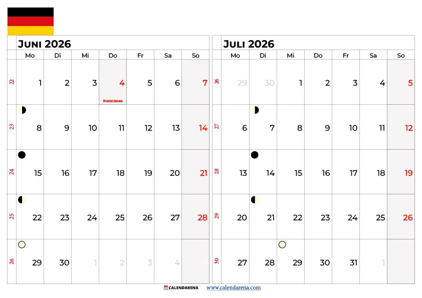 Kalender Juni Juli 2026