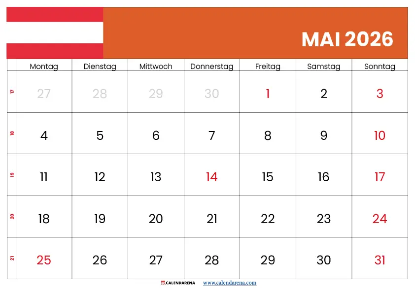 Kalender Mai 2026 Mit Feiertagen Österreich