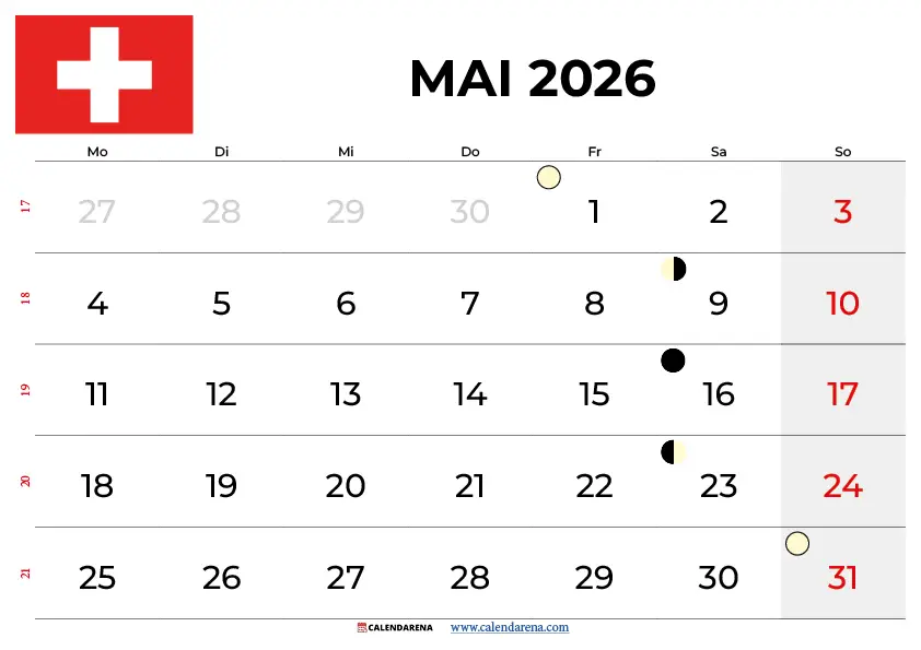 Kalender Mai 2026 Schweiz
