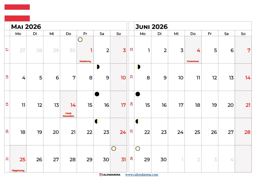 Kalender Mai Juni 2026 Österreich