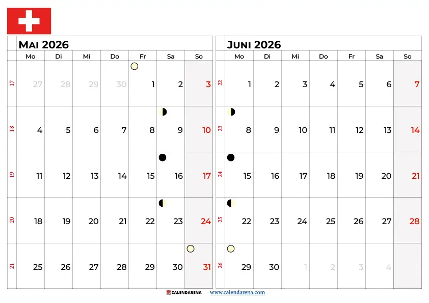 Kalender Mai Juni 2026 Schweiz