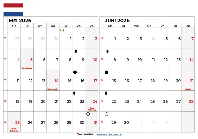 Kalender Mei Juni 2026