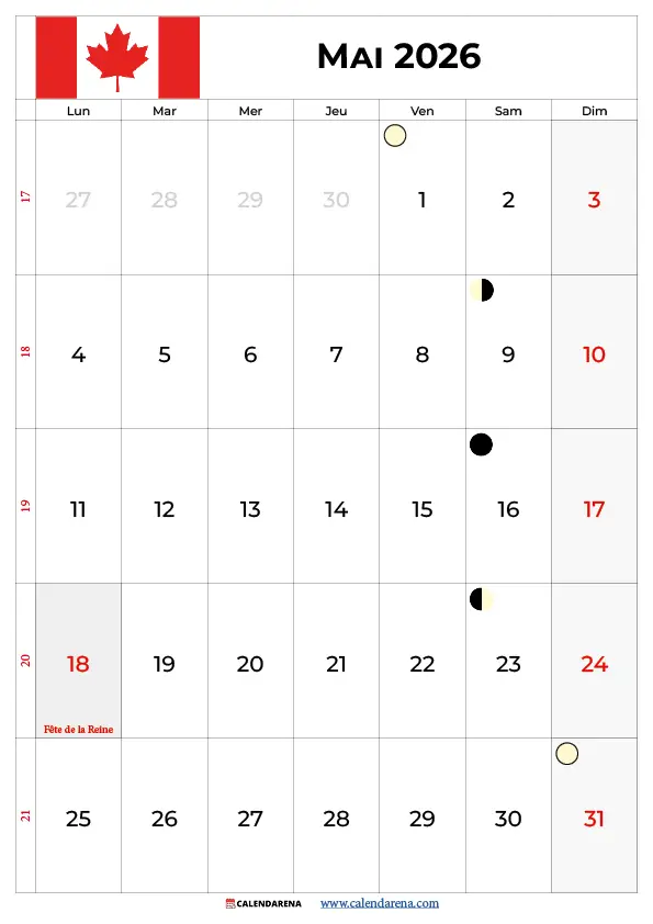 Mai 2026 Calendrier Québec