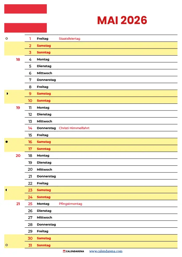 Mai 2026 Kalender Österreich