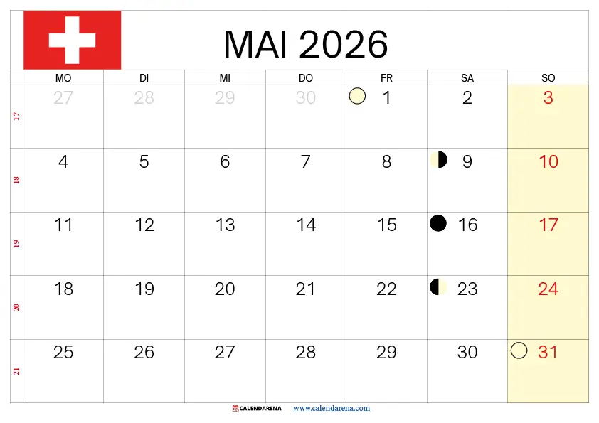 Mai 2026 Kalender Schweiz
