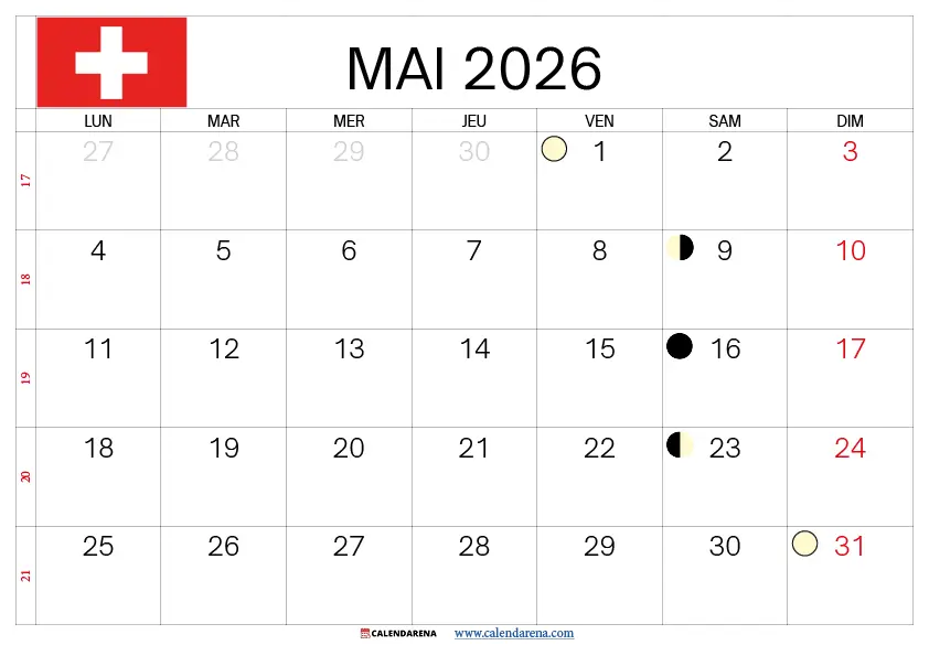 Mai Calendrier 2026 Suisse