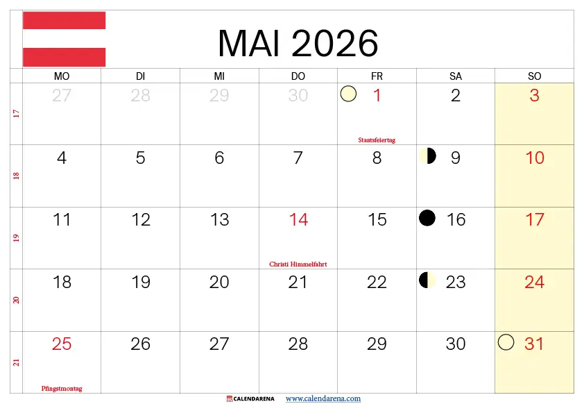Mai Kalender 2026 Österreich