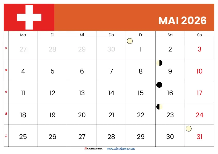 Mai Kalender 2026 Schweiz