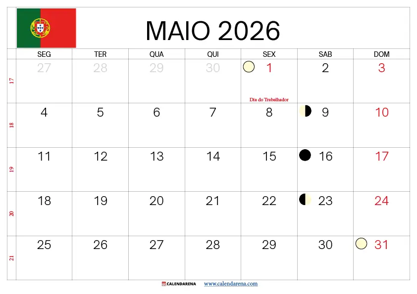 Maio 2026 Calendário Portugal
