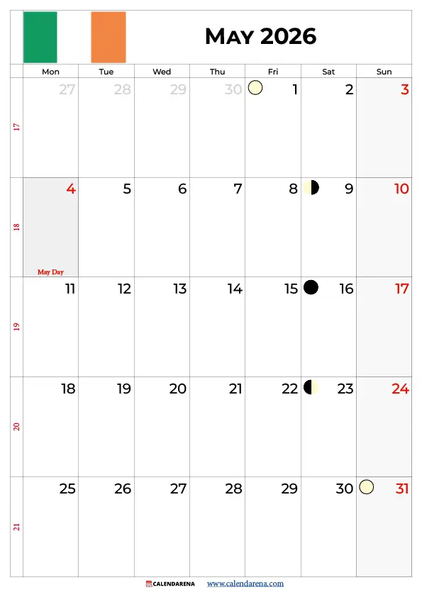 May 2026 Calender Ireland