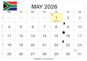 May Calendar 2026 South Africa