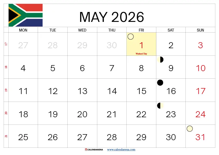 May Calendar 2026 South Africa