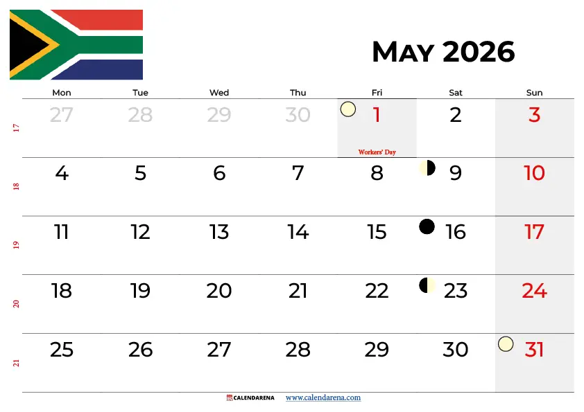 May Calendar 2026 With Holidays South Africa