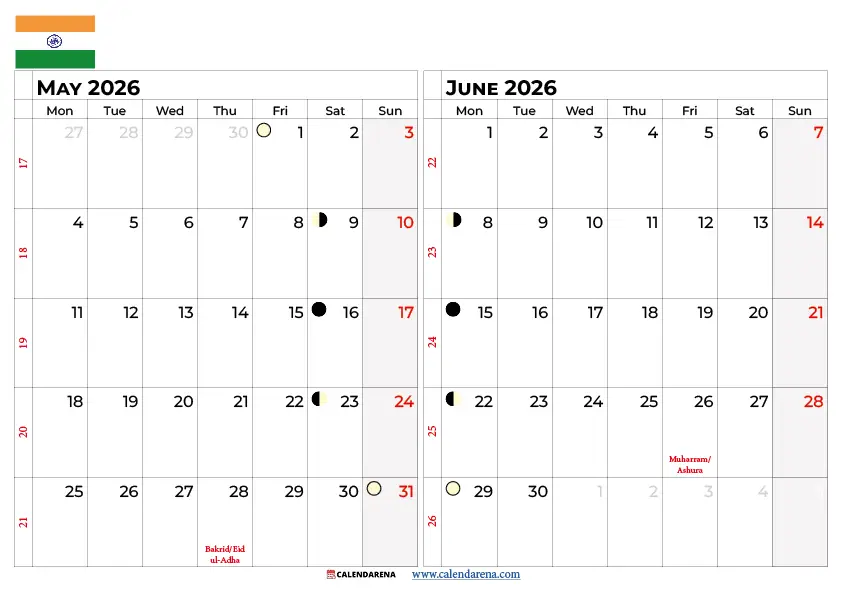 May June 2026 Calendar India
