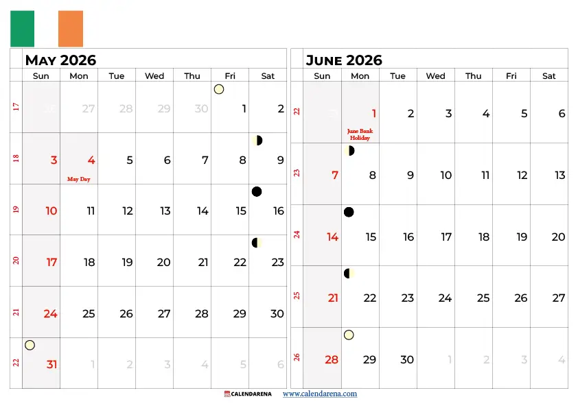 May June 2026 Calendar Ireland