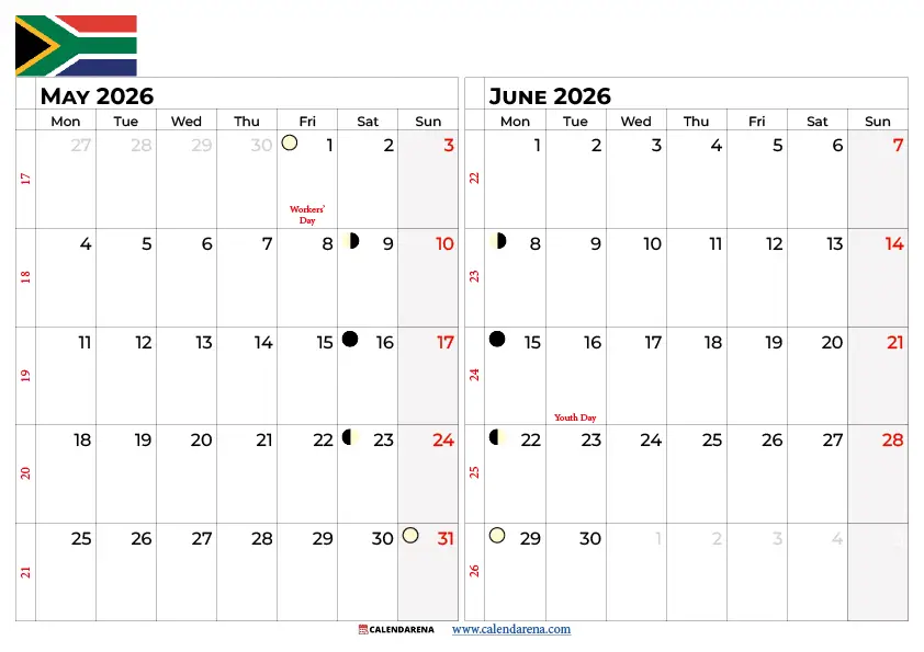 May June 2026 Calendar South Africa