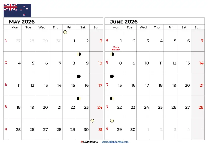 May June Calendar 2026 Nz