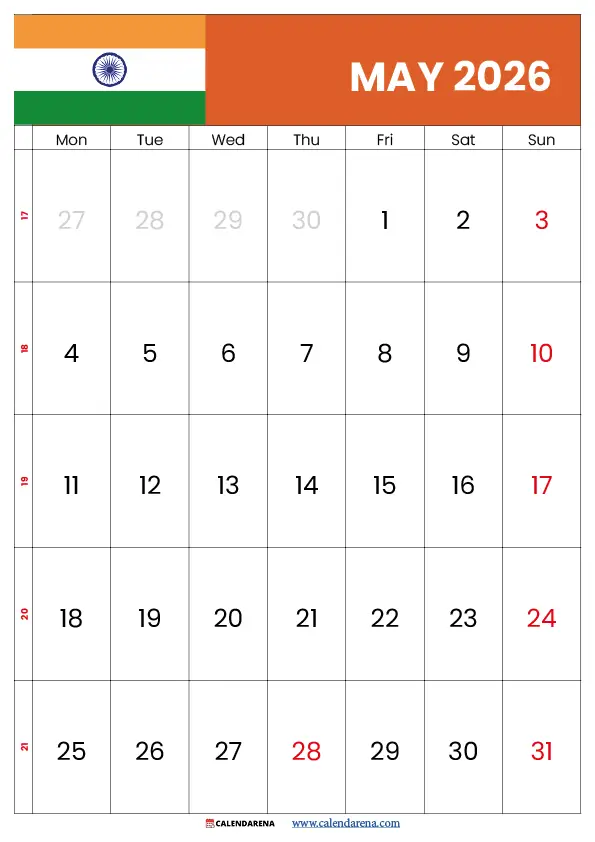 May Month Calendar 2026 India