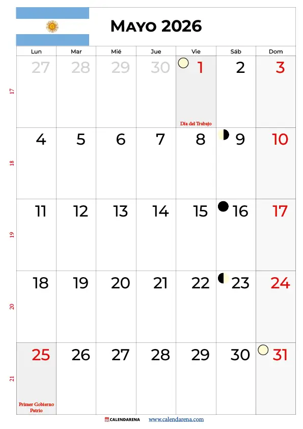 Mayo Calendario 2026 Argentina