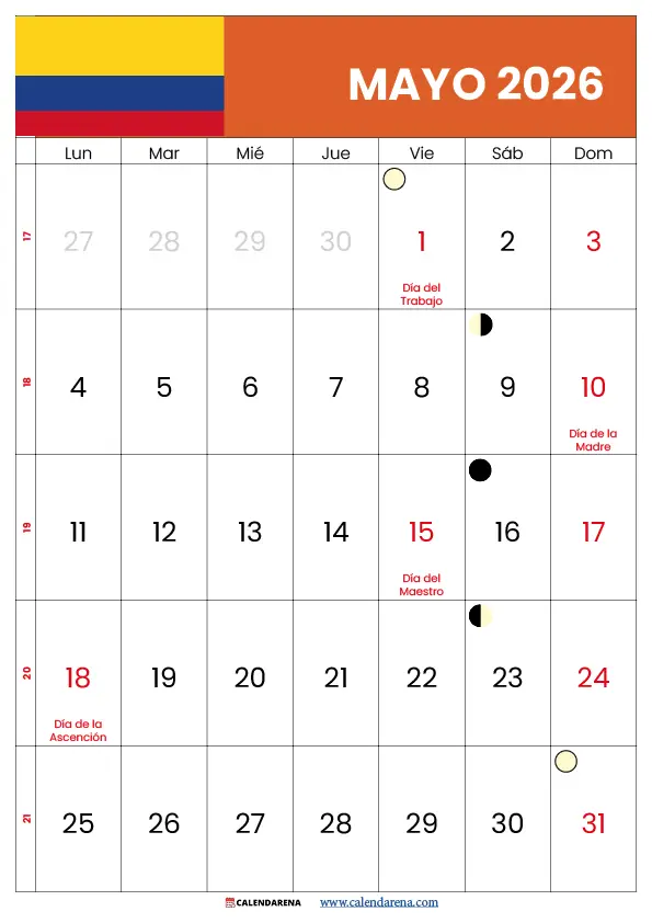 Mayo Calendario 2026 Colombia