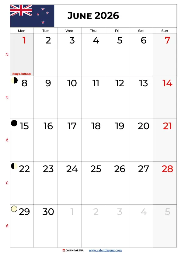 Nz Calendar June 2026