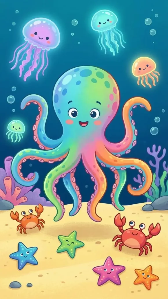 Adorable cartoon octopus changing colors with eight arms, surrounded by jellyfish glowing softly, crabs walking sideways, and sea stars on the ocean floor, fun kid-friendly style