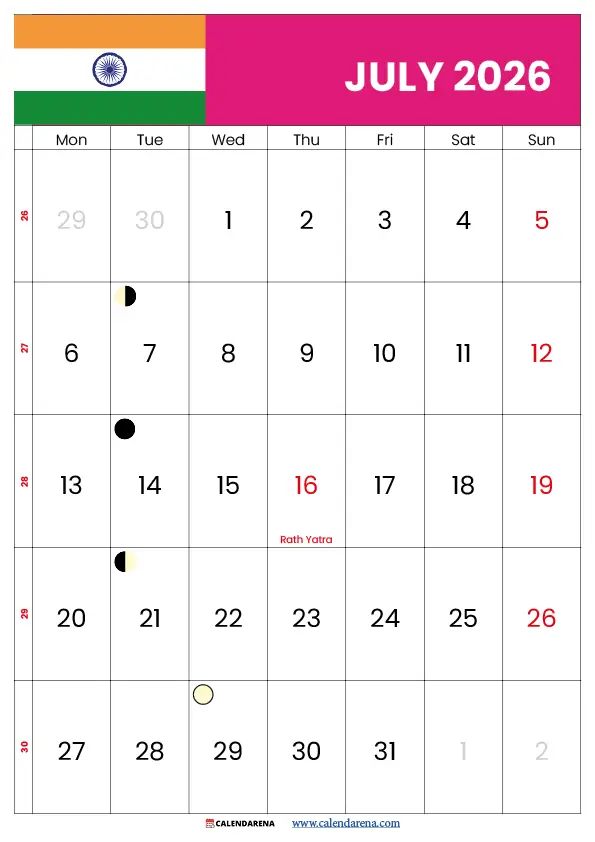 Calendar 2026 July India