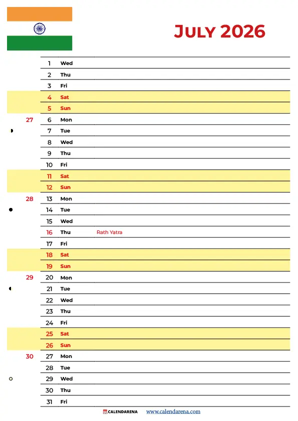 Calendar July 2026 India