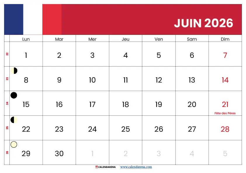 Calendrier 2026 Juin