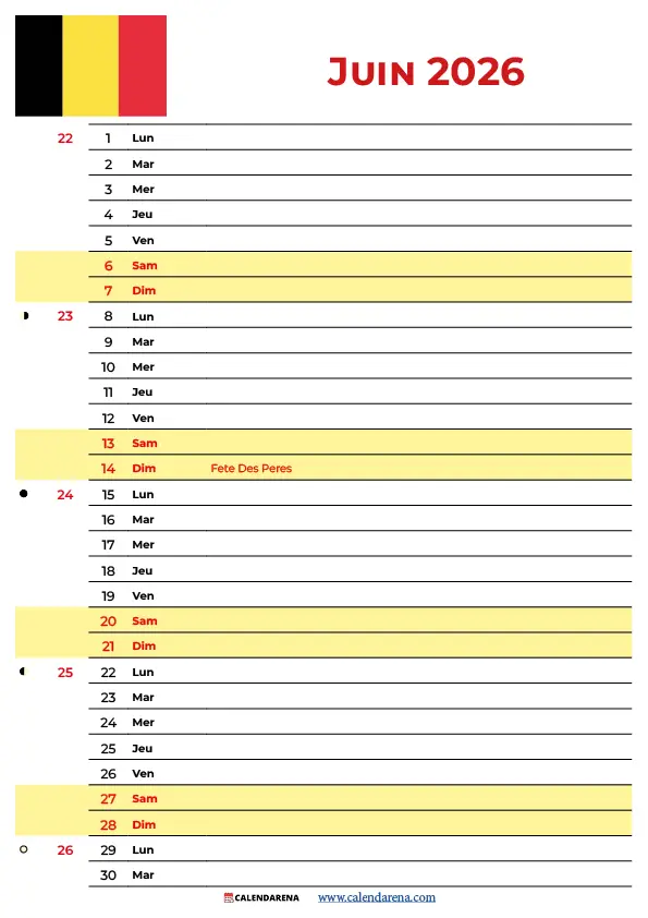 Calendrier Juin 2026 À Imprimer Gratuit Belgique