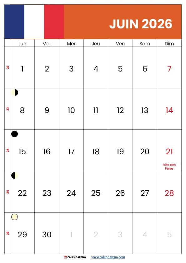 Calendrier Juin 2026 À Imprimer Gratuit