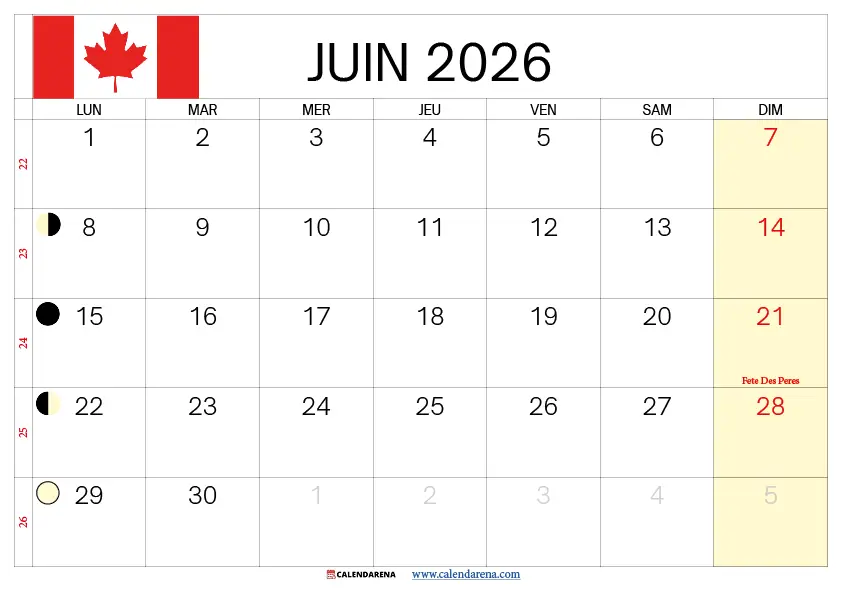 Calendrier Juin 2026 À Imprimer Québec