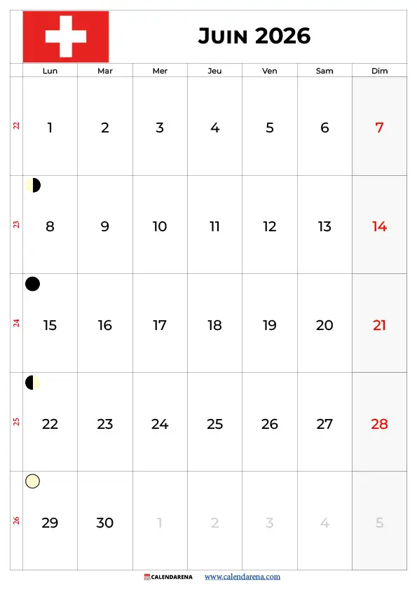 Calendrier Juin 2026 À Imprimer Suisse PDF
