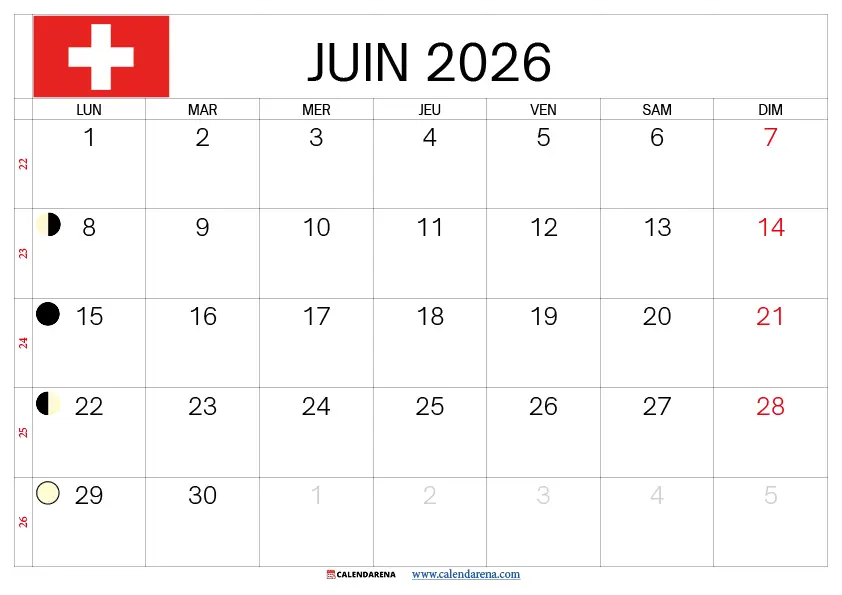 Calendrier Juin 2026 À Imprimer Suisse