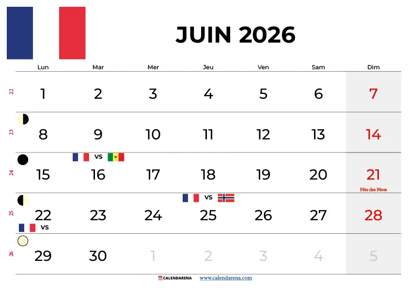 Calendrier Juin 2026 À Imprimer