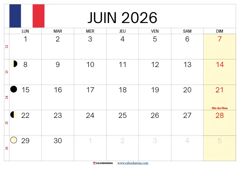 Calendrier Juin 2026 Avec Jours Fériés