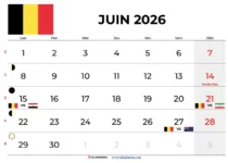Calendrier Juin 2026 Belgique