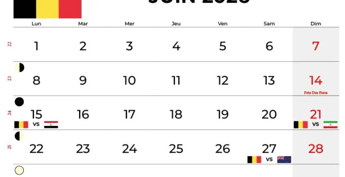 Calendrier Juin 2026 Belgique
